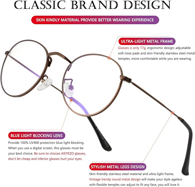 AIEYEZO Blue Light Glasses for Women Men Fashion Retro Circle Wire Frames Eyeglasses Anti-Blue Light Computer Gaming Glasses