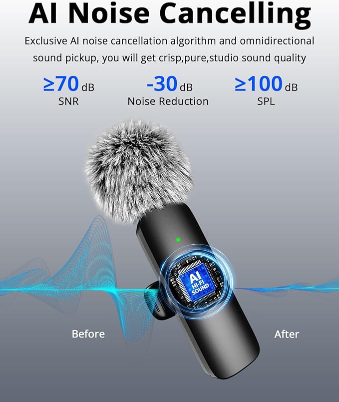 Wireless Lavalier Microphone for iPhone - Android, iPad, Tablets, Bluetooth Mini Microphone with Noise Canceling,65FT Transmission,6H Battery Life, Professional Lapel Mic for Video Recording