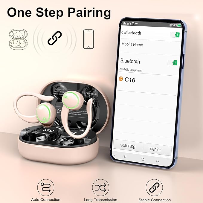 Wireless Earbuds, Bluetooth 5.4 Headphones Sports, 50H Playback Over-Ear buds with ENC Noise Cancelling Mic, Deep Bass Fitness Earphones with Earhooks, IP7 Waterproof Headset for Running Workout Pink