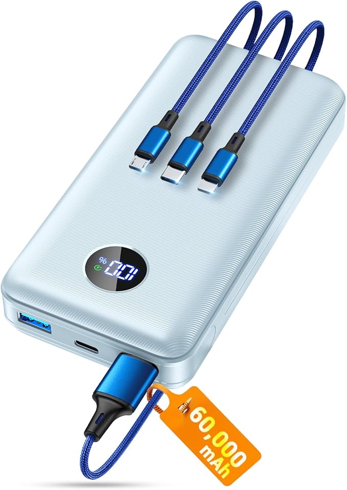 Portable Charger Power Bank, 60000mAh Battery Pack with 3 in 1 USB-C/iOS/Micro-USB Cable, 22.5W Fast Charging Portable Phone Charger, Travel Camping Essential Powerbank for iPhone 17/16 Samsung,Blue