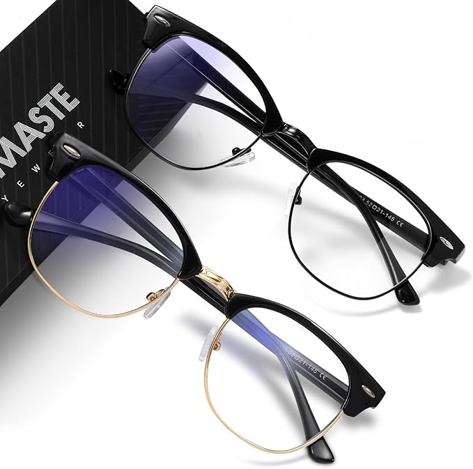 Blue Light Blocking Glasses Vintage Half Frame UV Clear Lens Anti Eyestrain Computer Gaming Glasses for Women Men (E-black Gold +bright Black)