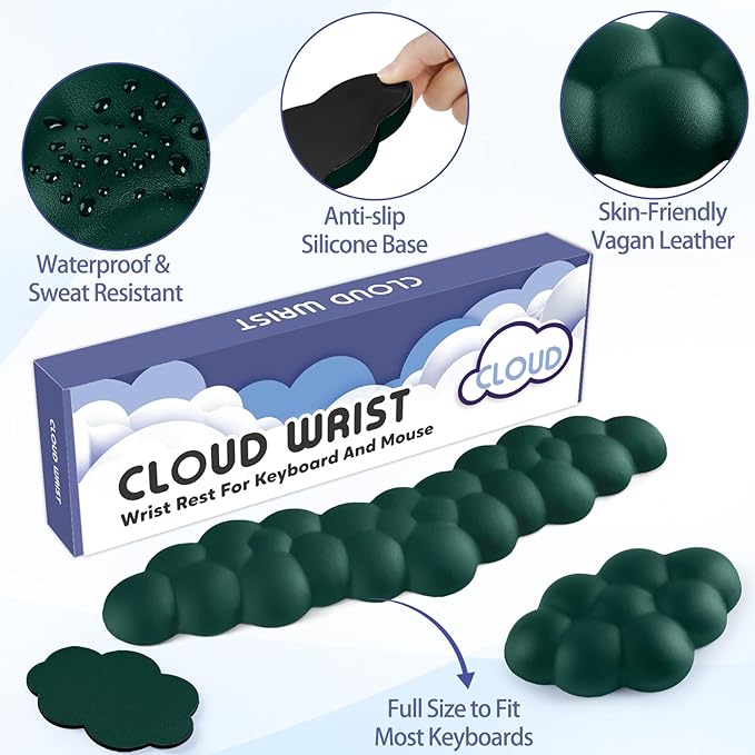 Sushret Cloud Wrist Rest for Keyboard and Mouse, Memory Foam PU Leather Keyboard Wrist Rest with Ergonomic Support, Non-Slip Base, Cute Arm Rest Pad & Palm Cushion, Office Desk Accessory, Dark Green