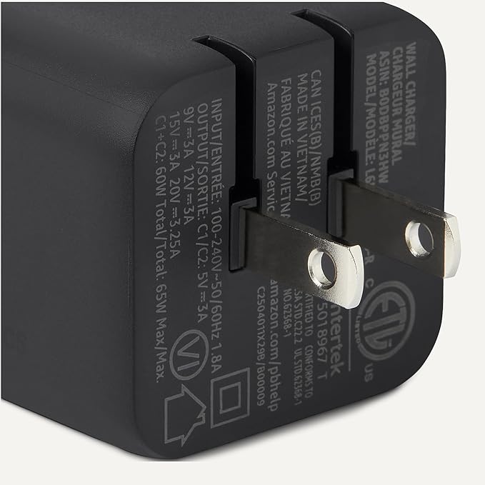 Amazon Basics Fast Charging USB C Nano GaN Wall Charger, 65W 2-Port for Laptops, Tablets, Phones, Black