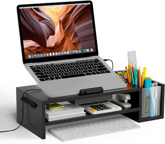 AFOOYO Adjustable Wood Laptop Stand, Ergonomic Height & Angle Computer Riser with Pen Holder – Compatible with MacBook Air/Pro, Dell, HP, Lenovo & 10-17.3" Notebooks – Black