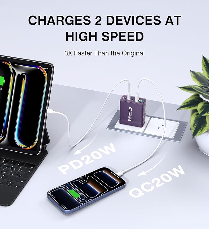 [2Pack] 60W USB C Plug,5-Port Fast Charger Block PD+QC Cube Wall Charging Box Brick for iPhone 17/16/15/14/13 for Samsung Galaxy S25/S24/S23/S22/S21+/S21 Ultra, Magsafe Wireless Charger,(Purple)