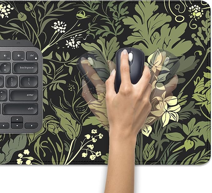 Sage Green Floral and Plant Desk Pad Mouse Pad,Large Gaming Floral Mouse Mat with Stitched Edges,Non-Slip Waterproof Rubber Base Mousepad for Office Work Home Desk Mat(27.5X11.8 in)