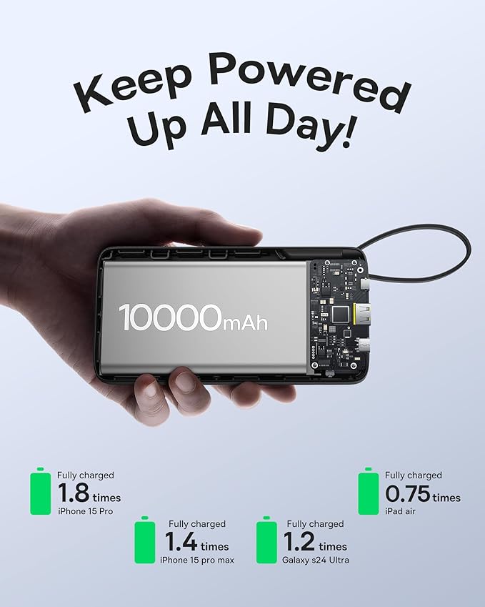 Baseus Portable Charger, 10000mAh Fast Charging Power Bank, 22.5W PD3.0 QC3.0 Battery Pack Built-in USB C Braided Cable, Travel Essentials for iPhone 17 16 15, iPad, S25/S24, Indoor/Outdoor