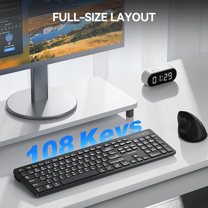 TECKNET Wireless Keyboards 2.4G+Bluetooth for 3 Devices - Computer Keyboards for Win/Mac, Full Size PC Keyboard with Number Pad, Multi Device for Desktop, Laptop, MacBook, Long Battery Life, Black