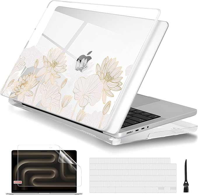 Batianda for MacBook Pro 14 Inch Case 2026-2021 Release M5 M4 M3 M2 M1 Pro/Max, 1.2mm Slim Graphic Hard Shell Cover with Keyboard Cover, Screen Protector 4-in-1 Bundle, Golden Lotus