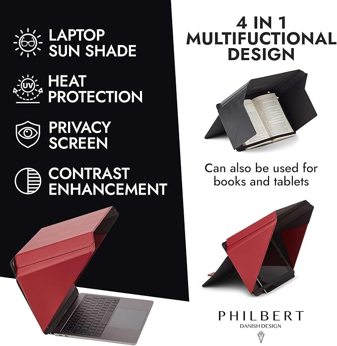 4-in-1 Laptop Screen Shade – Original Lux Hood – Sun, Privacy, Heat & Contrast Protection, Freestanding with Pocket, Fits 15–16” MacBook & PC, Patented, Red | PHILBERT Danish Design