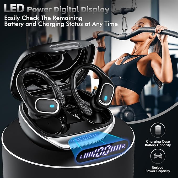 Wireless Earbuds Bluetooth 5.3 Headphones with 80H Playback, IPX7 Waterproof Over Ear Buds with LED Power Display for Sports Running Workouts