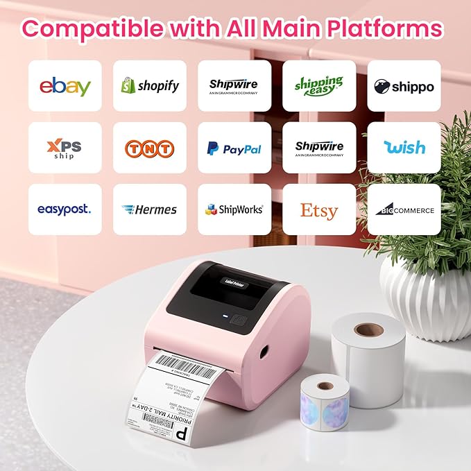 Bluetooth Shipping Label Printer with 3 Roll Labels, D450BT Pink Thermal Label Printer 4x6 for Small Business, Thermal Printers Come with 750PCS 4x6‬ White Labels (250 Labels/Roll)