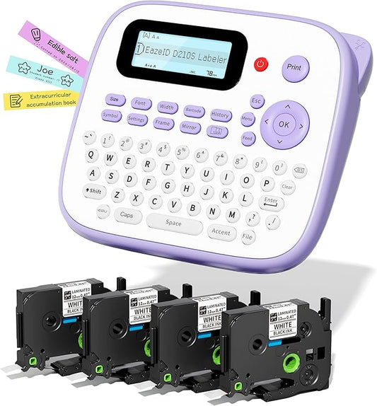 Label Maker Machine with Tapes, Label Maker Waterproof-Labels, Portable D210S Labeler Machine with Tapes 4PK Bundle 12mm 0.47 Laminated White, Wireless Labeling Machine for Jars Bottle School Supplies