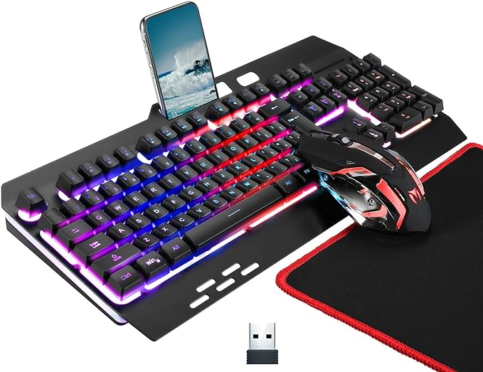 Wireless RGB Gaming Keyboard and Mouse - Rechargeable Backlit,Long Battery Life,Metal Panel Mechanical Feel with Palm Rest,7 Color Gaming Mouse and Mouse Pad for Game and Work