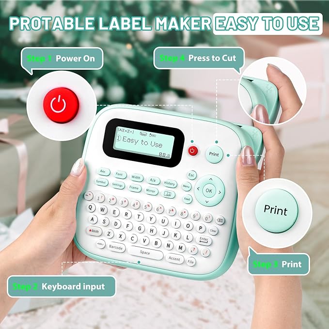Label Maker Waterproof-Labels, Desktop Label Maker for Kids, D210S Handheld Labeler Machine with Tape-12mm 0.47 Laminated White, Multiple Symbols for Home Office School Kids Teachers Gifts
