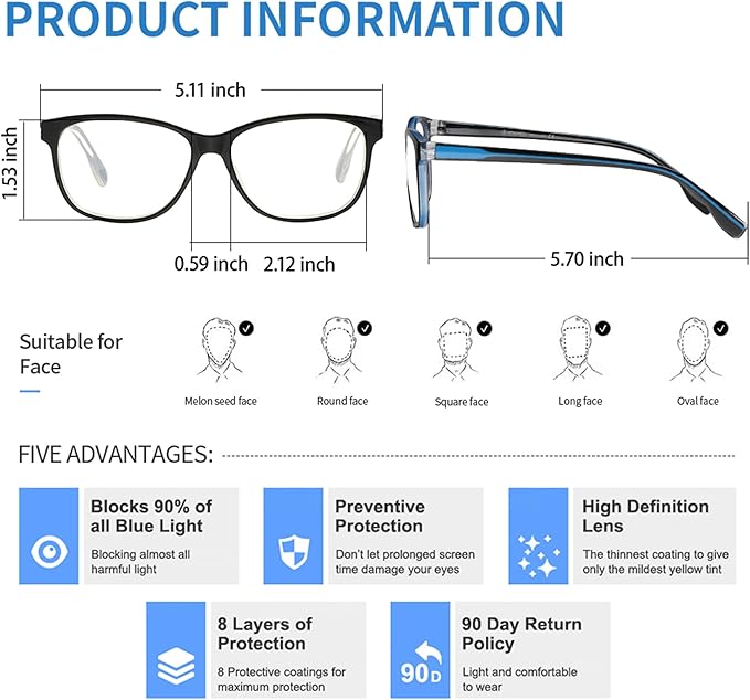 K KENZHOU Blue Light Glasses for Woman Men Bluelight Blocking Glasses for Computer Gaming Phones,Anti Eye Strain & UV Glare
