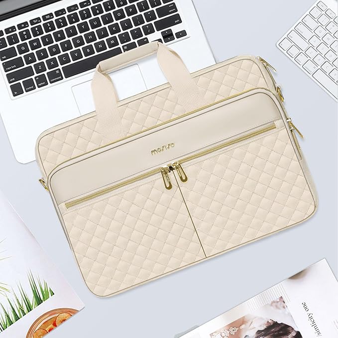 MOSISO 15-16 inch Laptop Bag, Laptop Briefcase Messenger Compatible with MacBook Pro 16/Air 15, HP, Dell, Lenovo, Square Quilted Computer Bag Work Office Business with 3 Pockets&Strap, Beige