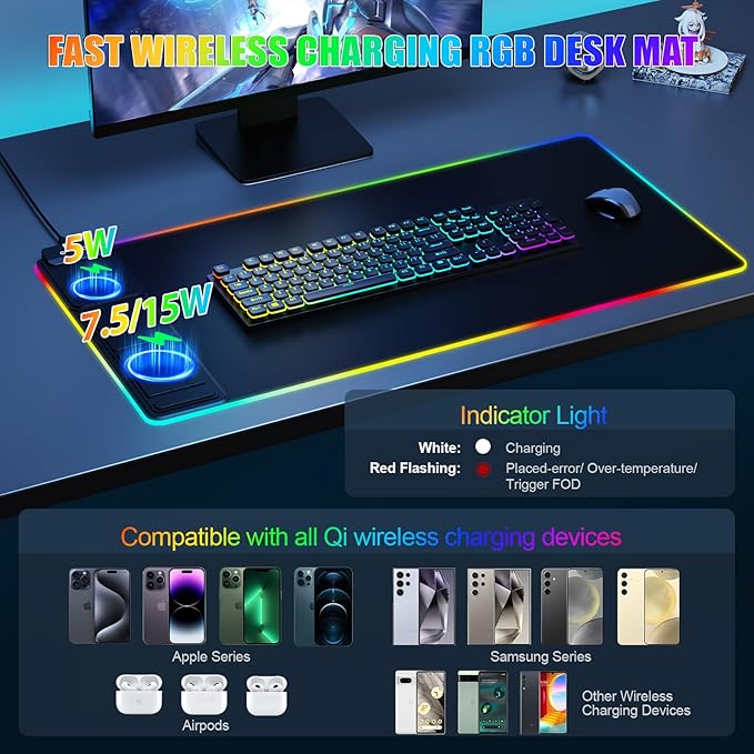 Mouse Pad with Foldable Phone Holder, Wireless Charging Desk Mat, RGB Gaming Mousepad Large Desk Pad with Non-Slip Base, Waterproof Keyboard Pad, Classic Black (XXL Stand Black PD Adapter)