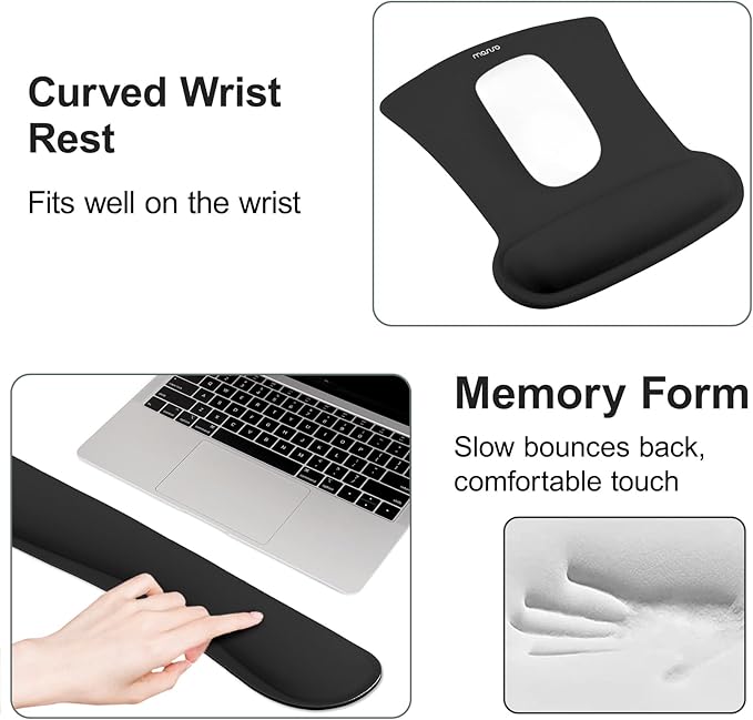 MOSISO Wrist Rest Support for Mouse Pad & Keyboard Set, Ergonomic Mousepad Non-Slip Base Home/Office Pain Relief & Easy Typing Cushion with Neoprene Cloth & Raised Memory Foam, Black