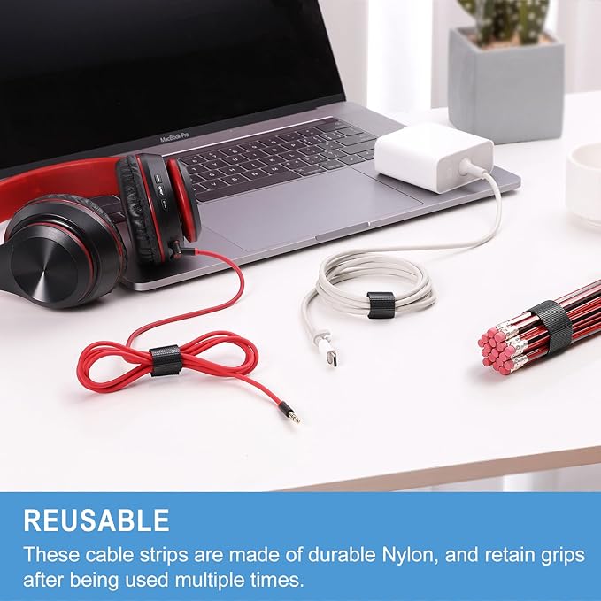 100 PCS 8 Inches Reusable Cable Ties | Adjustable Cord Wraps, Cable Straps | Hook & Loop Cord Organizer, Cable Management - Image 4