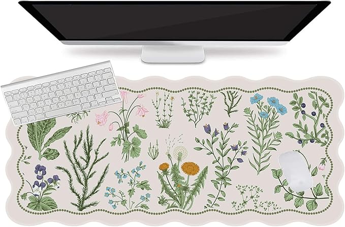 L-SPOUTTO Floral Mouse Pad,Botanical Desk Mat XXL Large Scalloped Gaming Mousepad,35.4x15.7in Non-Slip Keyboard Pad Waterproof Desktop Mat for Laptop Computer Work Game Home Office-Flowers Plants