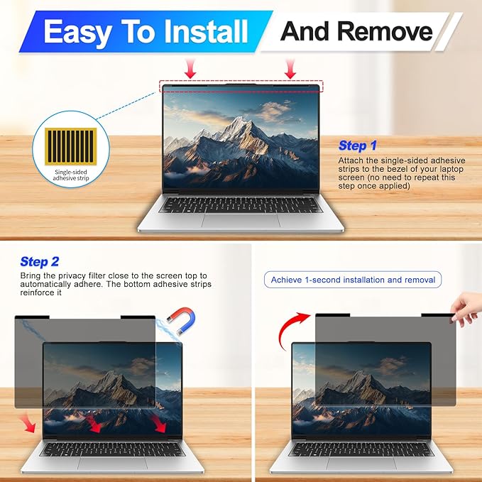 Magnetic Laptop Privacy Screen 13.3 Inch 16:9 Display, Removable Computer Screen Privacy Shield, Anti-Glare Blue Light Protector Compatible with Dell Hp Lenovo Acer Asus Samsung