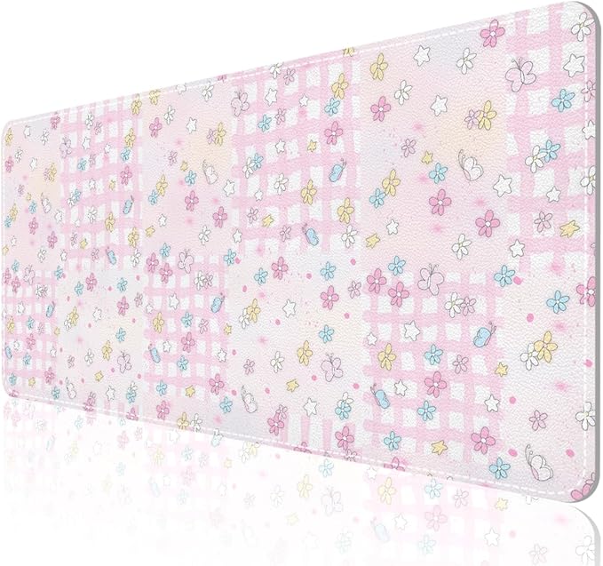 AUPET Leather Desk Pad Blotter Mat, Large Mouse Pad, Non-Slip Waterproof Desk Writing Pad Protector, Desk Decor for Office，Home，Gaming (Pink-Checkered Flower Butterfly, 35.4X15.7 inch)