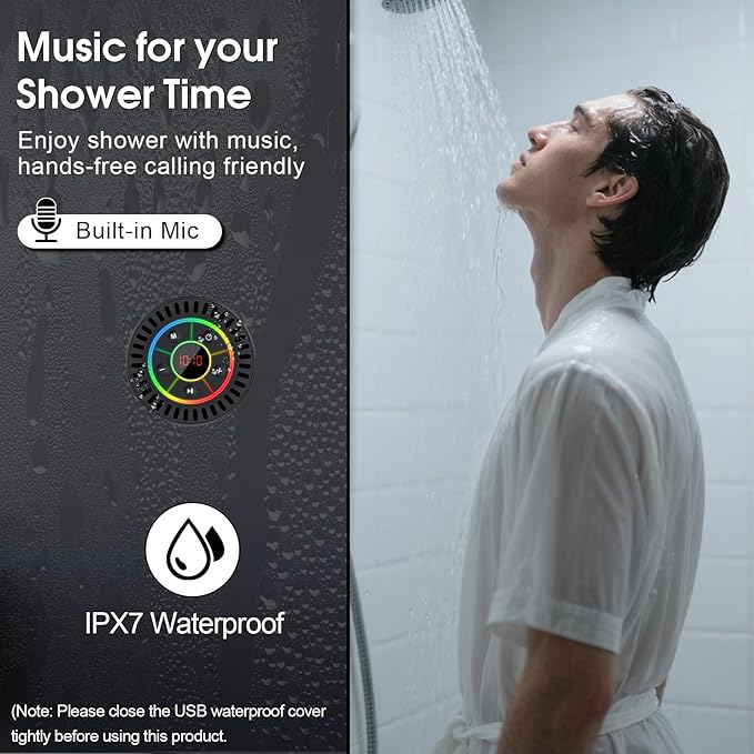 Bluetooth Speaker, Shower Speaker IPX7 Waterproof, Speakers Bluetooth Wireless with Rich Bass, Portable Speaker with LED Light, Suction Cup,8H Playtime, for Bathroom Party Beach, Ideal Gifts, Black