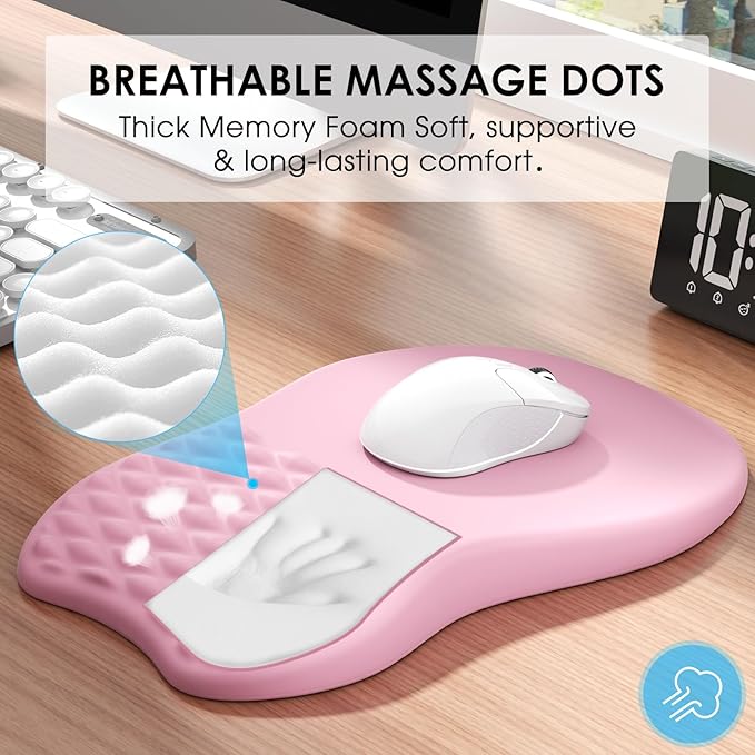 MROCO Ergonomic Mouse Pad with Wrist Support, Wrist Rest Mousepads for Carpal Tunnel Pain Relief, Memory Foam Pad with Massage Bulge and Non-Slip Base for Office, Home, Pale Pink