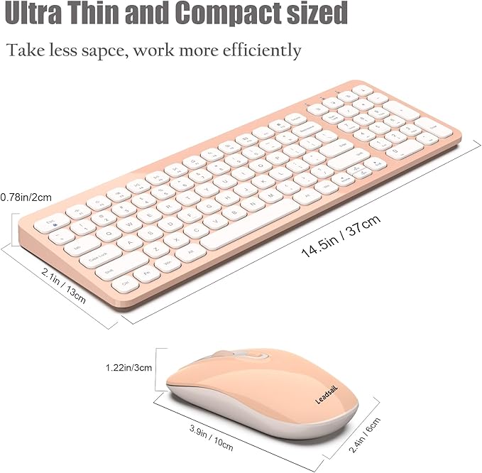LeadsaiL Wireless Keyboard and Mouse Combo, Ergonomic Wireless Mouse and Keyboard Set for Computer, Compact and Silent Mouse and Keyboard for Laptop, Desktop, PC, Pink