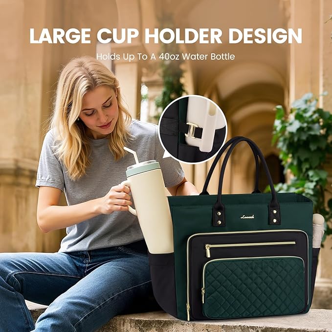 LOVEVOOK Laptop Tote Bag for Women, Work Bags Computer Laptop Bag, Teacher Tote Bag, Professional Briefcase Business Large Purses Handbag Gifts, Dark Green-Black, 17 Inch