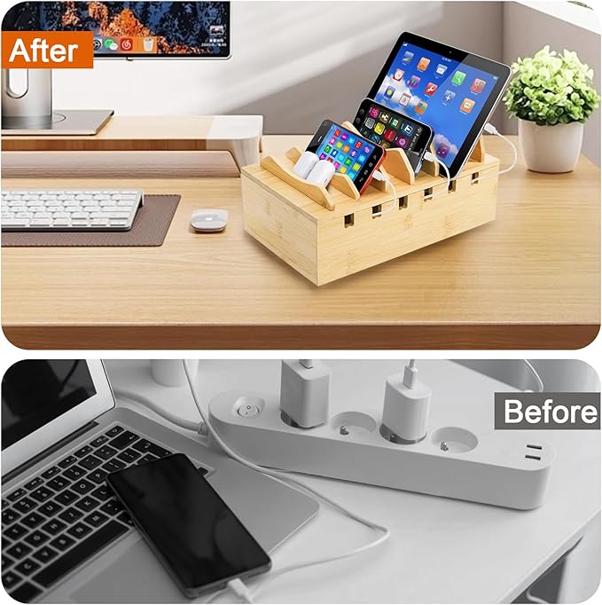 Bamboo Charging Station for Multiple Devices, Desktop Charging Organizer with Removable Divider Slots, Docking Stations Stand for 6 Devices, Compatible with Tablets, iPads, Cell Phone, Laptop