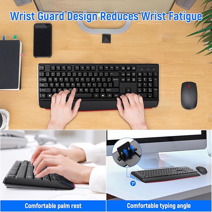 Wireless Keyboard and Mouse Combo-Full Size QWERTY Layout 2.4G Stereo Keycap Ergonomically Designed Mechanical Keyboard Set for Windows, PC,Laptop, Notebook,Computer with USB-A&Typ-C 2-in-1 Receiver