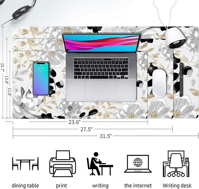 Large Mouse Pad, Black White Floral Desk Mat for Desktop, Women Girls Flowers PU Leather Waterproof Desk Pad, Computer PC Laptop Protector Gaming Mouse Pads for School Office Home (31.5" x 15.7")
