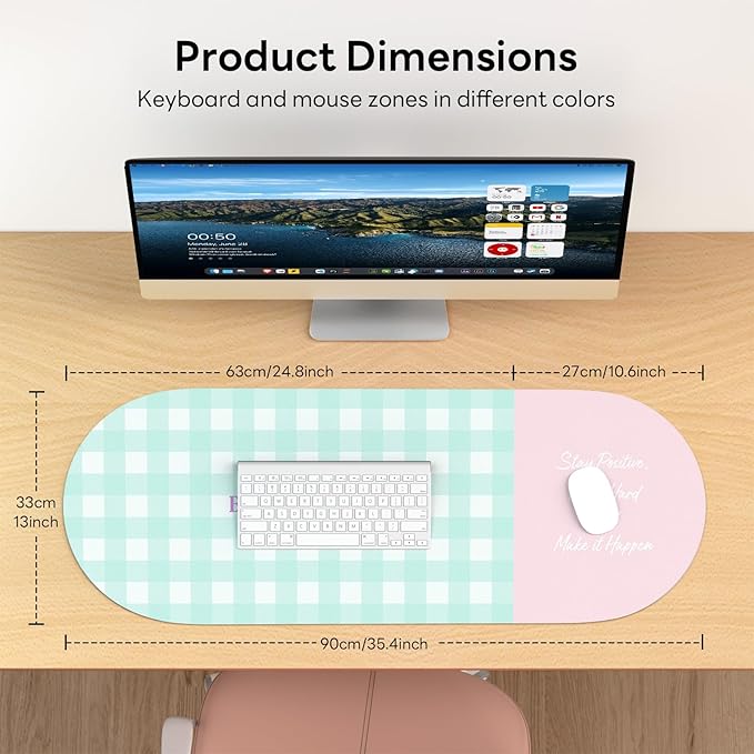 Checkered Pattern Desk Pad Protector, 35.5 x 13'' Aesthetic Mouse Mat for Desktop, Waterproof PU Leathe Non-Slip Desk Writing Pad for Office and Home, Blue-Green Pink
