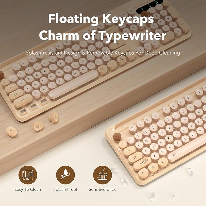 Wireless Keyboard and Mouse Combo, Retro Round Keycaps, Cute Full-Size Typewriter Keyboard with Phone Holder, Sleep Mode, 2.4GHz Cordless Connection for Windows/PC/Laptop (Milk-Tea Colorful)