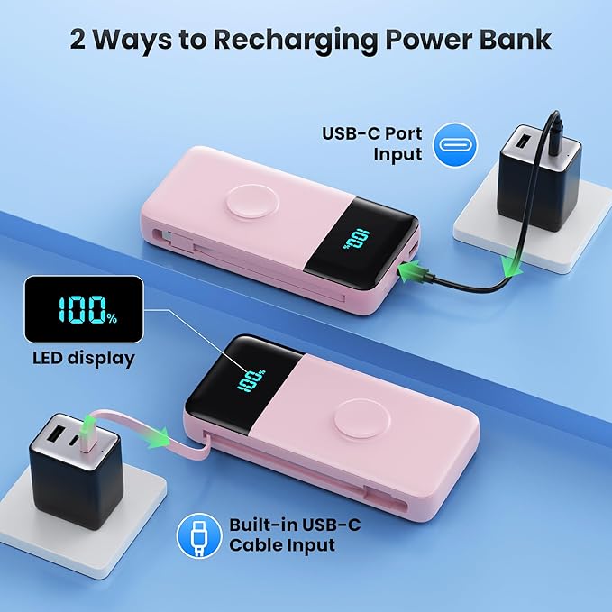 Portable Charger Power Bank 40800mAh with Built-in Cables,25W Fast Phone Charging Portable Battery Pack,5 Outputs Travel Essentials Outdoor External Battery for iPhone 17/16,Galaxy Android etc-Pink