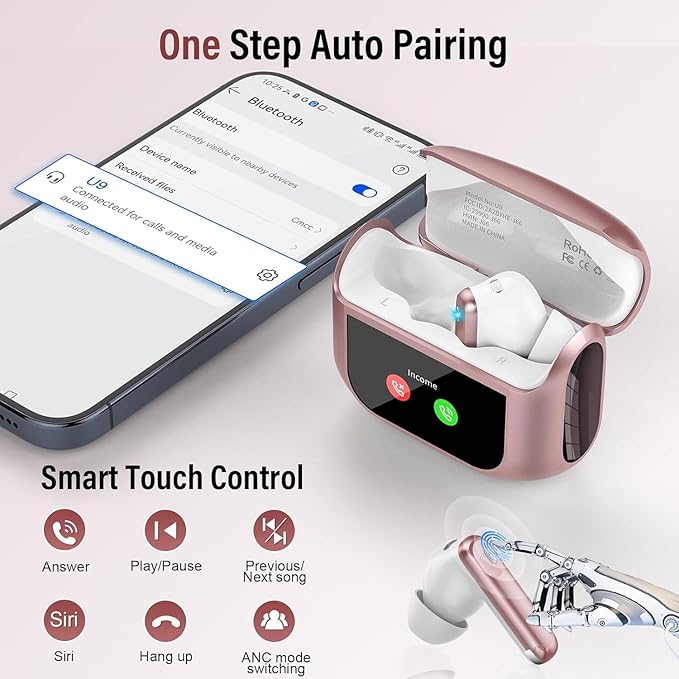 Wireless Earbuds, Bluetooth 5.4 Headphones with Multifunctional Touch Screen, 48H Bass Stereo Ear Buds with ANC/ENC Noise Cancelling/Transparency Mode, IPX7 Earphones with 5 EQ Modes, Rose
