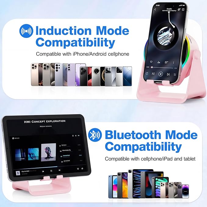 TARKARI Wireless Induction Speaker, 5 in 1 Bluetooth Speaker with 360 Rotation Cell Phone Stand and Colorful Ambient Light, Compatible with iPhone iPad Android Tablet, Birthday Gifts for Women Men