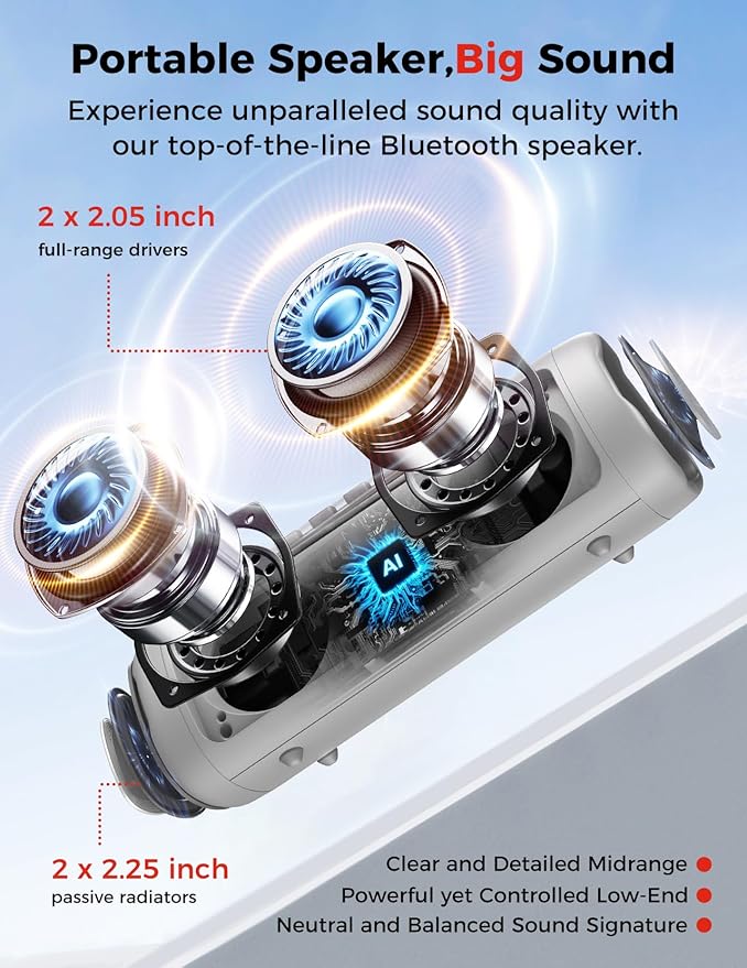 Bluetooth Speaker with HD Sound, Portable Wireless, IPX5 Waterproof, Up to 20H Playtime, TWS Pairing, BT5.3, for Home/Party/Outdoor/Beach, Electronic Gadgets, Birthday Gift (Grey)