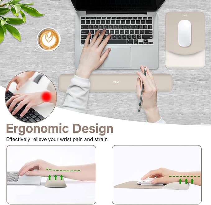 MOSISO Wrist Rest Support for Mouse Pad&Keyboard Set, Rectangular Ergonomic Mousepad Non-Slip Base Home/Office Pain Relief&Easy Typing Pad with Neoprene Cloth&Raised Silicone Lining, Stone Gray