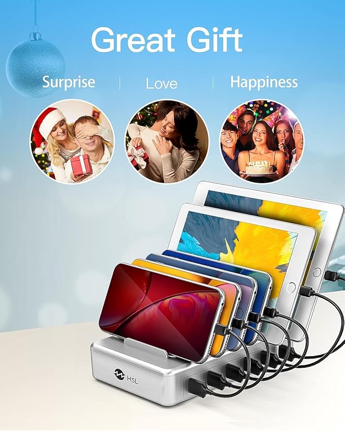 Charging Station for Multiple Devices - 6 Port Multi USB-A Charger Stations Multi-Device Organizer Charging Dock for iPhone iPad Android Cell Phone Tablets with 6 Mixed Cables Included(UL Certified)