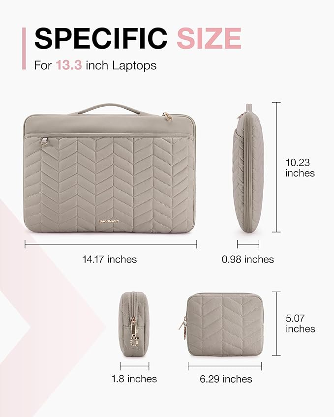 BAGSMART Laptop Case with Handle, Puffy Padded Laptop Bag Sleeve for Women, Portable MacBook Air/Pro Computer Case, 13-14 inch, Warm Gray