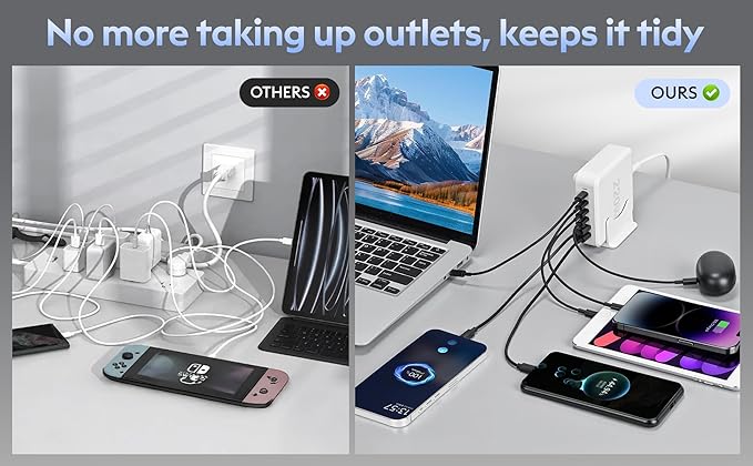 220W USB C Charger Block GaN III USB Desktop Charging Station 6 Ports QC4.0 Fast Charging Station Hub+PD 100W Type C Laptop Charger Adapter Compatible with MacBook Pro Laptop Tablet and Phone