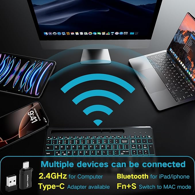 Hamile 2.4G&Bluetooth Wireless Keyboard - Light Up Keyboards with Wrist Rest - 8 Backlit Effects - Slim Rechargeable Silent with Holder for Windows, Mac, Black