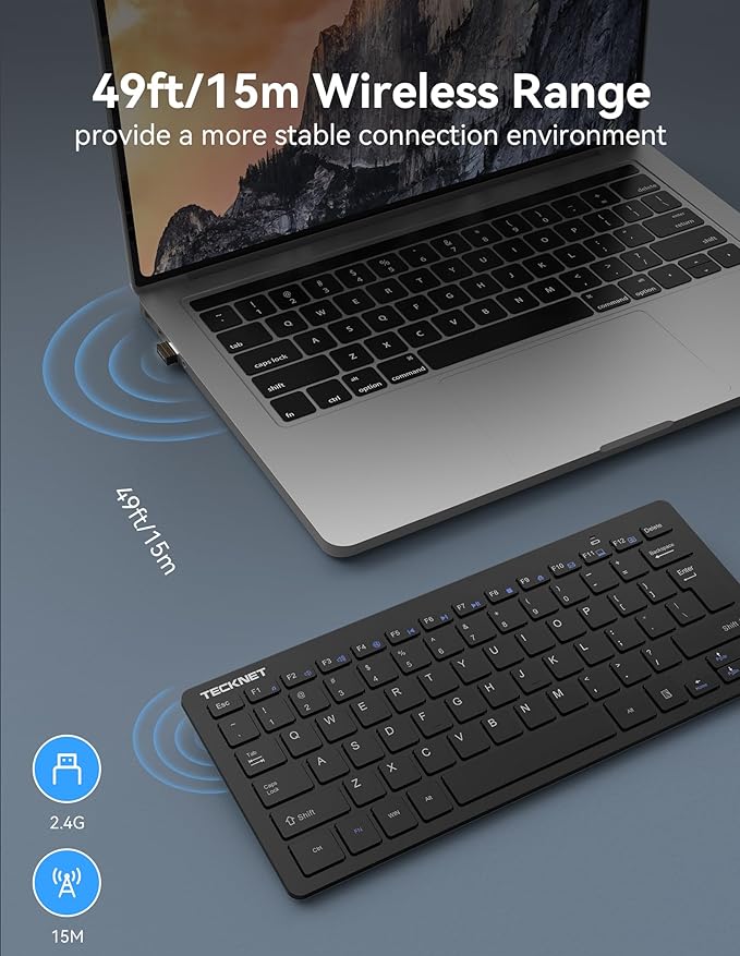 TECKNET 2.4G Wireless Keyboard - Mini Compact Keyboard with Media Hotkeys, 12-Month Battery Life, Compatible with PC, Desktop, Laptop, Smart TV - Black