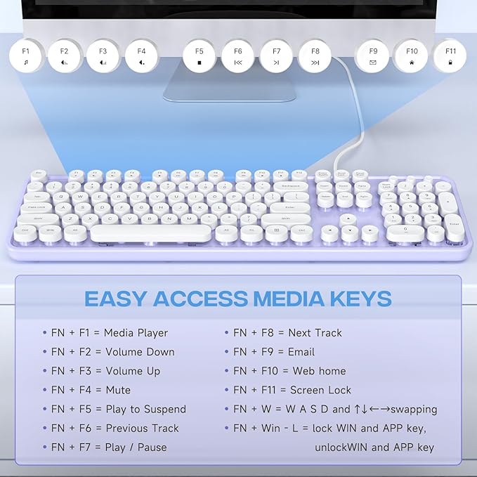 Wired Keyboard, Full-Sized Typewriter Keyboards, USB Plug and Play Office Keyboard with Number Pad, Caps Indicators, Foldable Stands for Windows, PC, Laptop, Desktop (Purple-White)