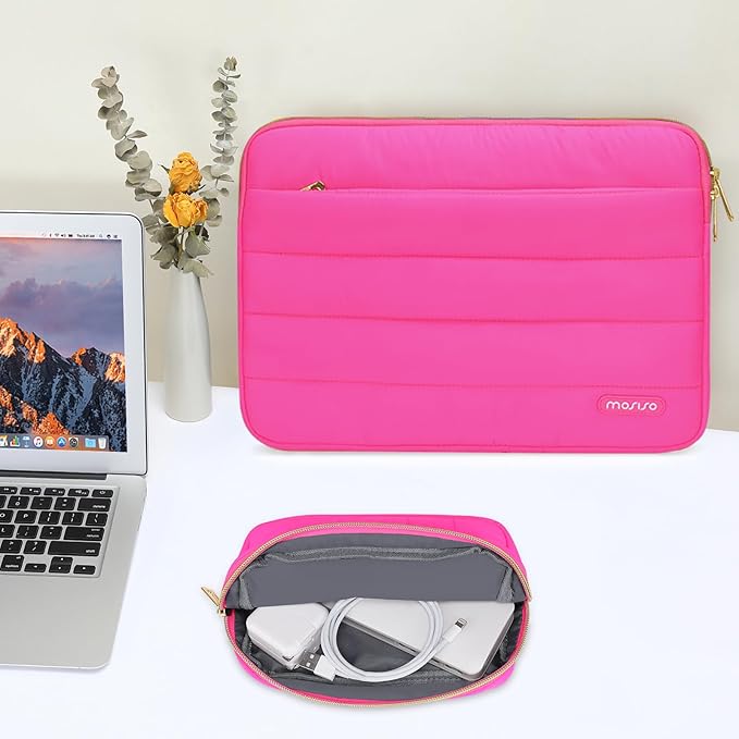 MOSISO Laptop Case 16 inch, 15-15.6 inch Puffy Laptop Sleeve Compatible with MacBook Pro 16 M5 M4 M3 M2 M1, HP Dell ASUS Acer Toshiba Lenovo, Polyester Horizontal Bag with Small Case, Rose Red