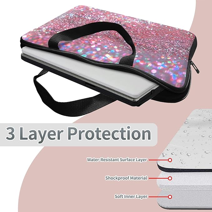 Universal Laptop Sleeve Tablet Case 12 inch, Pink Glitter Slim Carrying Case Handbag Travel Laptop Bag for Surface Pro 9 8 7/Laptop Go 2 3, MacBook Air 11/12