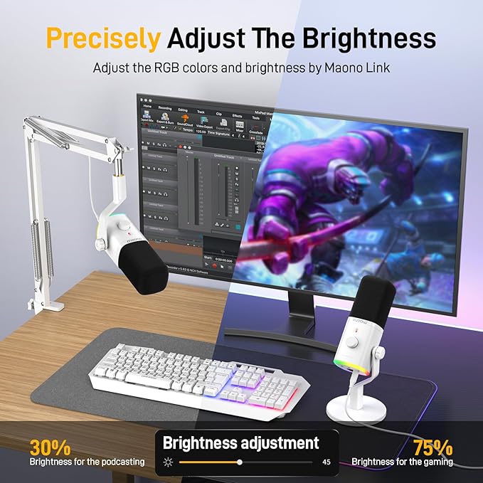 MAONO XLR/USB Gaming Microphone for PC, Dynamic Computer Mic for Streaming Podcasting, Noise Reduction, Mute, Volume Control, RGB Boom Mic for Vocal Recording,Voice-Over, PD100XS White